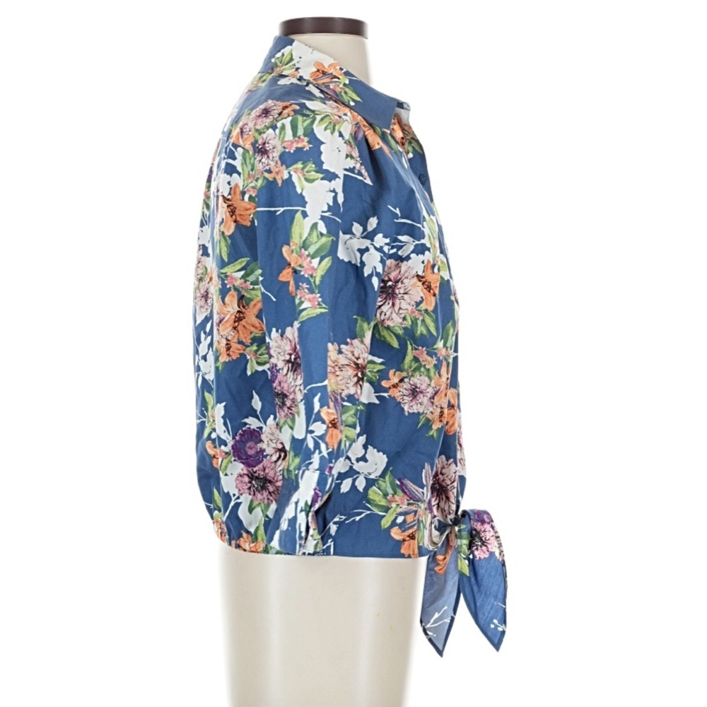 Chico's No-Iron 100% cotton blue floral print tie-front 3/4 sleeve blouse 1x/2x - Picture 3 of 4
